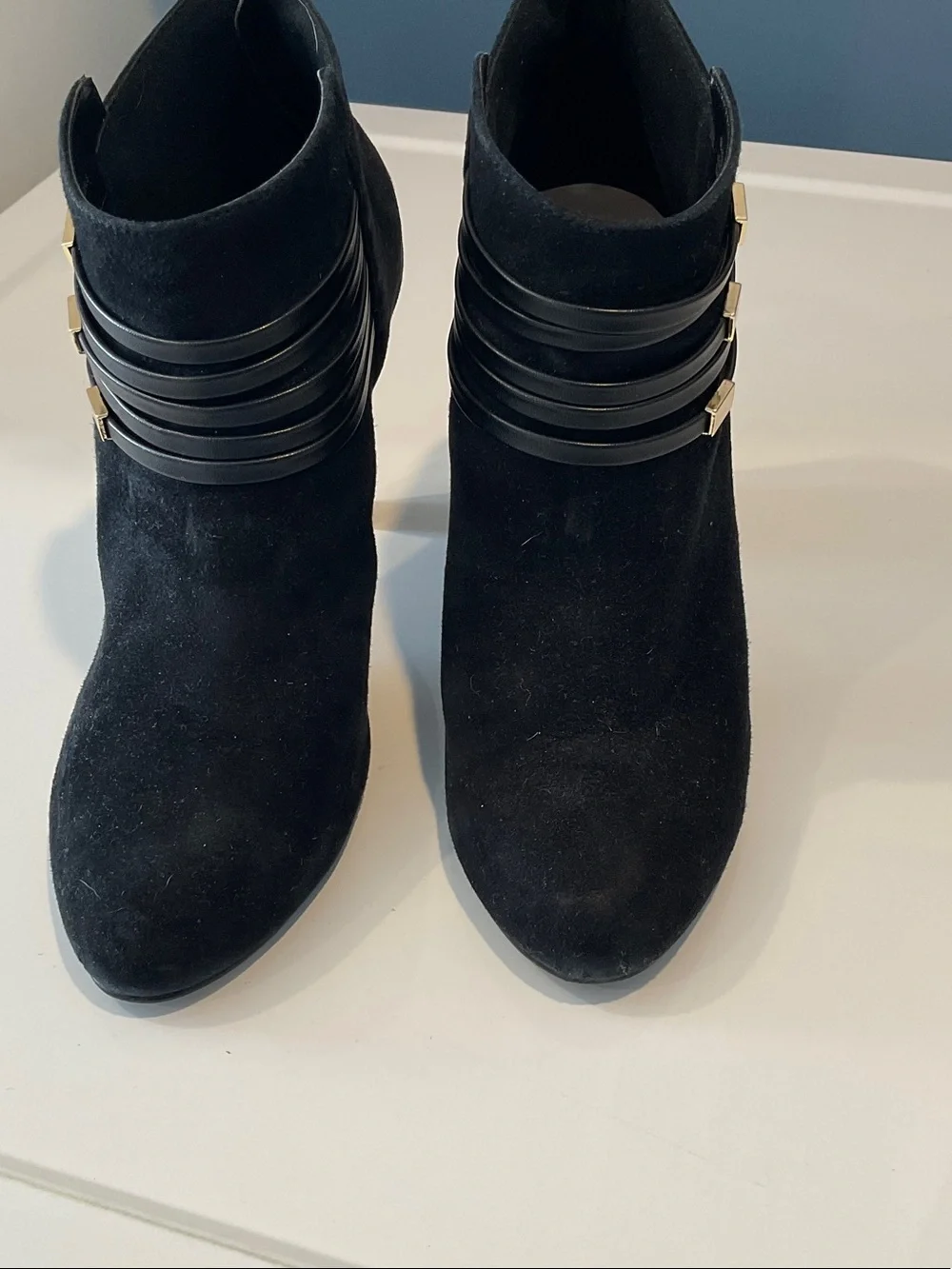 Bella Vita Black Suede Ankle Booties with Gold Accents